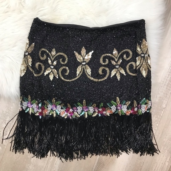 SHERRI HILL Black Two Piece Beaded Halter Top Floral Fringe Skirt Size 12 51476 - Picture 10 of 16